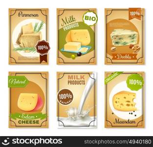 Milk Products Vertical Banners . Milk products vertical banners with different sorts of cheese butter bio natural food vector illustration