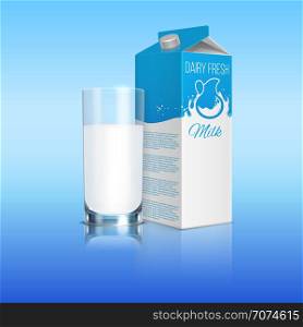Milk realistic carton box with glass cup. Vector template container with milk illustration. Milk realistic carton box with glass cup. Vector template