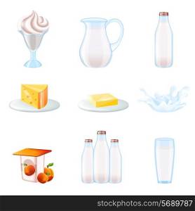 Milk realistic icons set with cream pitcher bottle cheese splash isolated vector illustration