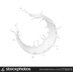 Milk round swirl frame splash with splatter and white milky drops, realistic vector. Milk splash or cream drink pouring wave and liquid yogurt swirl for dairy products pouring flow background. Milk round swirl frame splash with splatter drops