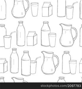 Milk set. Hand drawn glass bottles with milk. Vector seamless pattern.. Glass bottles with milk. Vector pattern.
