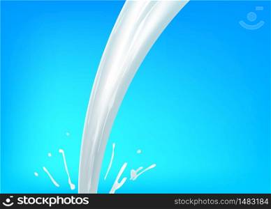 Milk shake splash pn blue background. Liquid cream drop. Dairy food.