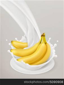 Milk splash and banana. 3d vector object. Natural dairy products