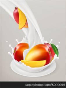Milk splash and mango. 3d vector object. Natural dairy products