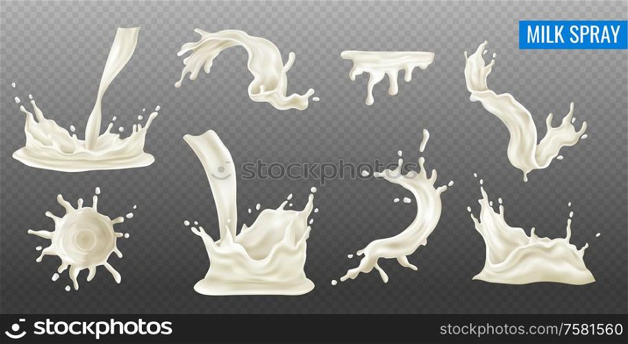 Milk splash and spray realistic transparent set isolated vector illustration