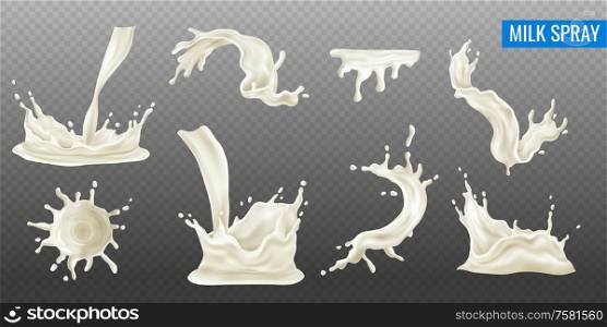 Milk splash and spray realistic transparent set isolated vector illustration