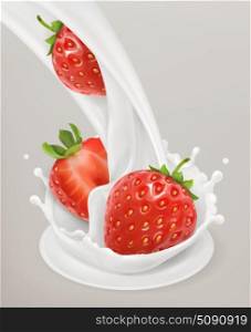 Milk splash and strawberry. 3d vector object. Natural dairy products