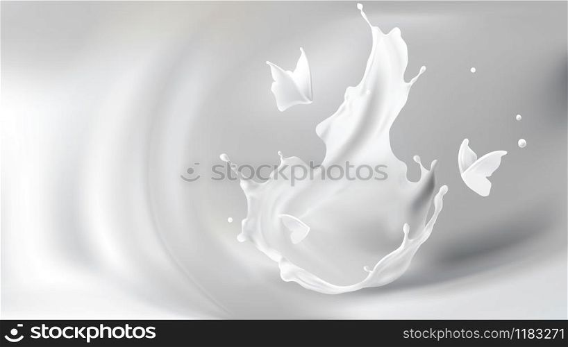 Milk splash crown shape and white liquid silhouettes of flying butterflies isolated on gray wavy blurred background. Design element for advertising and packaging of natural dairy products or cosmetics. Milk splash, crown shape and butterfly silhouettes