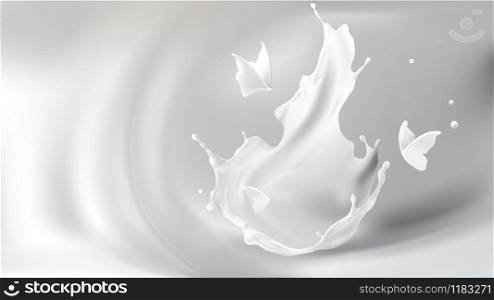 Milk splash crown shape and white liquid silhouettes of flying butterflies isolated on gray wavy blurred background. Design element for advertising and packaging of natural dairy products or cosmetics. Milk splash, crown shape and butterfly silhouettes