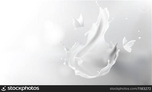 Milk splash crown shape and white liquid silhouettes of flying butterflies isolated on gray blurred background. Design element for advertising and packaging of natural dairy products or cosmetics. Milk splash, crown shape and butterfly silhouettes