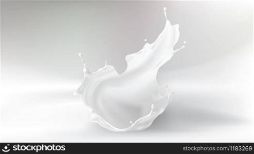 Milk splash crown shape isolated on white gray blurred background. Design element for advertising and packaging of natural dairy products or cosmetics. Milk splash crown shape on gray