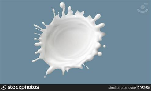 Milk splash or round swirl realistic vector illustration. Natural dairy product, yogurt or cream in crown splash with flying drops, for packaging design isolated on blue background. Milk splash or round swirl with drops, realistic