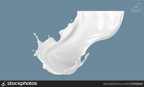 Milk splash or round swirl realistic vector illustration. Natural dairy product, yogurt or cream in crown splash with flying drops, for packaging design isolated on blue background. Milk splash, pouring or swirl with realistic drops