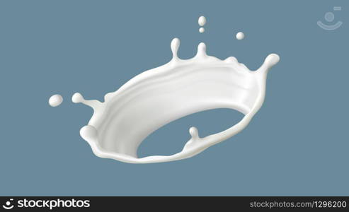 Milk splash or round swirl realistic vector illustration. Natural dairy product, yogurt or cream in crown splash with flying drops, for packaging design isolated on blue background. Milk splash or round swirl with drops, realistic