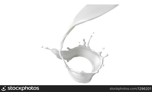 Milk splash or round swirl realistic vector illustration. Natural dairy product, yogurt or cream in crown splash with flying drops, for packaging design isolated on white background. Milk splash, pouring or swirl with realistic drops