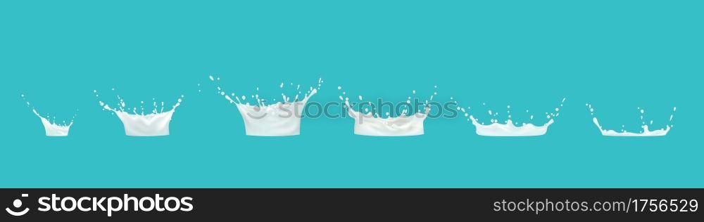 Milk splash sequence animation sprite sheet. Dripping effect with white drops in shape of crown with liquid dynamic splashing for motion graphic or mobile game, Realistic 3d vector Illustration, set. Milk splash sequence animation sprite sheet, drip