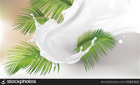 Milk splash swirl realistic vector background. White liquid organic milk on background of tropical green palm leaves, packaging design element for vegan drink. Milk splash swirl and palm leaves