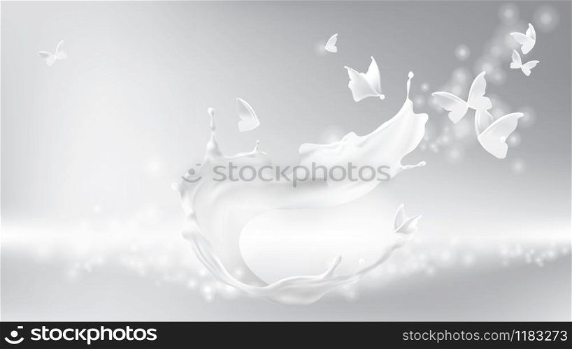Milk splash swirl shape and white liquid silhouettes of flying butterflies isolated on gray wavy blurred background. Design element for advertising and packaging of natural dairy products or cosmetics. Milk splash, swirl shape and butterfly silhouettes