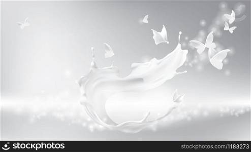 Milk splash swirl shape and white liquid silhouettes of flying butterflies isolated on gray wavy blurred background. Design element for advertising and packaging of natural dairy products or cosmetics. Milk splash, swirl shape and butterfly silhouettes