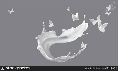 Milk splash, vortex or spiral shape and white liquid silhouettes of flying butterflies isolated on gray background.. Milk splash, spiral shape and butterfly silhouette