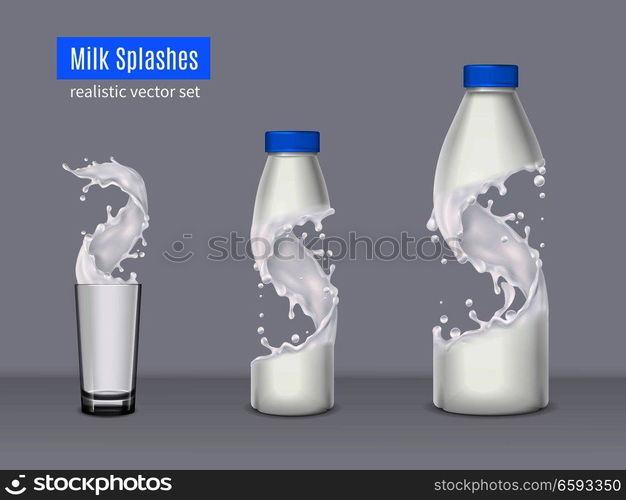 Milk splashes realistic composition with two plastic bottles and glass beaker filled with milk vector illustration . Milk Splashes Realistic Composition