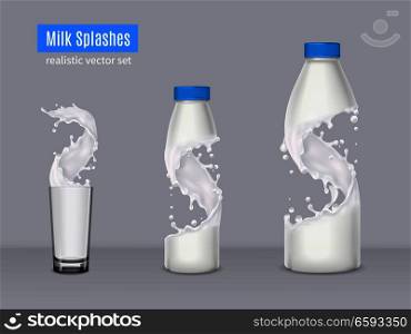 Milk splashes realistic composition with two plastic bottles and glass beaker filled with milk vector illustration . Milk Splashes Realistic Composition