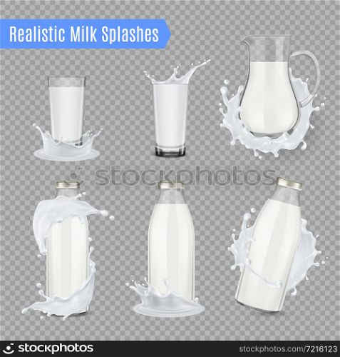 Milk splashes transparent set of jug bottles and beakers made of glass and full of milk realistic vector illustration . Milk Splashes Realistic Set