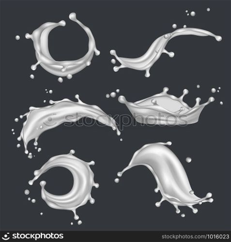 Milk splashes. White drop liquid fresh food from cow vector realistic template. Illustration of milk drink, liquid dairy realistic. Milk splashes. White drop liquid fresh food from cow vector realistic template
