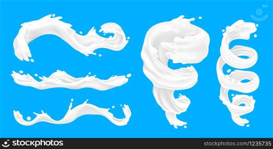 Milk splashes. Yoghurt liquid swirl streams, realistic 3D milk or cream flows with drips and splashes for dairy product package design. Vector set energy yogurt logo or symbol nature beauty. Milk splashes. Yoghurt liquid swirl streams, realistic 3D milk or cream flows with drips and splashes for dairy product package design. Vector set