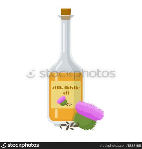 Milk thistle oil isolated on white background. Flower and seeds with glass bottle. Medical herbs collection cartoon vector illustration.