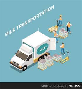 Milk transportation and logistics concept with milk products symbols isometric vector illustration