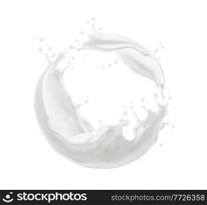 Milk twister or swirl splash with splatters and white milky drops flow, realistic vector. Milk splash or cream drink pouring wave of liquid yogurt whirl for dairy products. Milk twister or swirl splash with splatters, drops