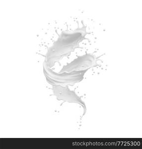 Milk twister, whirlwind or tornado realistic splash. White vortex youhurt wave with splatters and drops. Isolated liquid motion with scatter droplets, pouring dairy milk product. Realistic 3d vector. Milk twister, whirlwind, tornado realistic splash