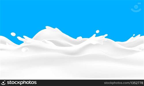 Milk wave background. Seamless liquid yoghurt flow with drops and splashes, realistic 3D border for dairy packaging design. Vector image cream or milk beverage frame element. Milk wave background. Seamless liquid yoghurt flow with drops and splashes, realistic 3D border for dairy packaging design. Vector milk frame element