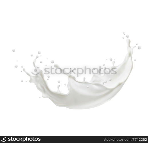 Milk wave swirl splash and splatters. Cream or yogurt wave, milk cocktail or foam splash with drops, 3d realistic vector white dairy product swirl with falling droplets and bumbles. Milk realistic wave swirl splash and splatters