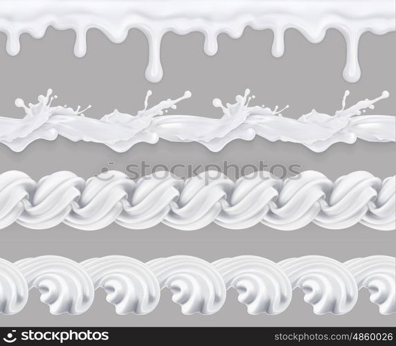 Milk, whipped cream, sweet glaze. Seamless pattern. Graphic elements vector set, mesh