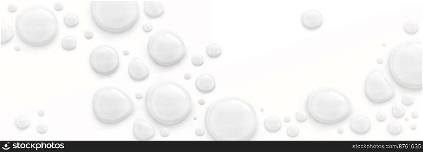 Milk, yogurt or cosmetic cream drops on white background. Banner template with abstract texture of liquid white sauce or dairy product splash, vector realistic illustration. Milk, yogurt or white cosmetic cream drops