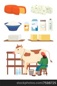 Milkmaid and dairy products set vector, isolated woman with cow, cottage cheese and milk in packages and bottles, productions for sale flat style. Dairy Products Milk and Cottage Cheese Vector