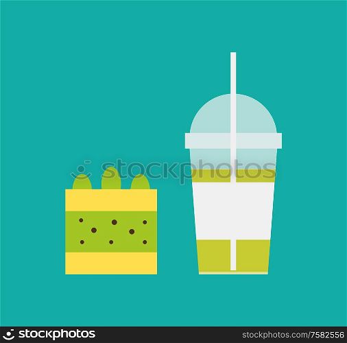 Milkshake and piece of cake with lemon and kiwi, biscuit cream, tasty food snack vector. Cocktail in disposable cup with straw and sweet dessert isolated. Milkshake and Piece of Cake with Lemon and Kiwi