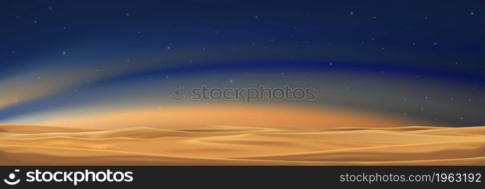 Milky Way and Orange light on desert sand dunes,Night colourful landscape with Starry sky,Beautiful Universe with Space background of galaxy.Vector banner Star field in night sky for travel background