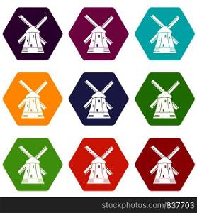 Mill icon set many color hexahedron isolated on white vector illustration. Mill icon set color hexahedron