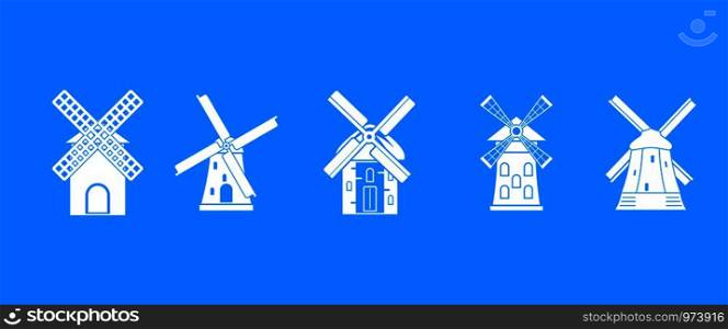 Mill icon set. Simple set of mill vector icons for web design isolated on blue background. Mill icon blue set vector