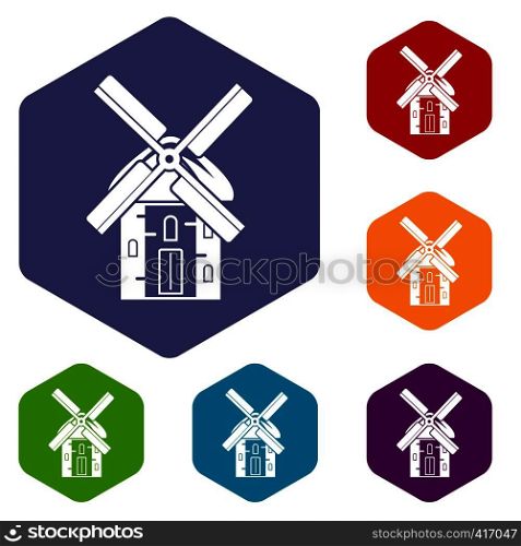 Mill icons set rhombus in different colors isolated on white background. Mill icons set