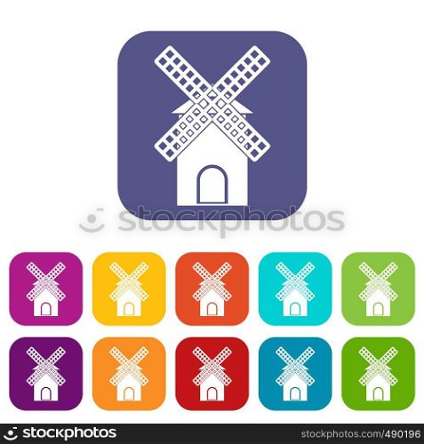 Mill icons set vector illustration in flat style in colors red, blue, green, and other. Mill icons set