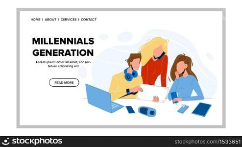 Millennial Generation Using Modern Gadgets Vector. Young Girls And Boy Millennial Generation With Electronic Tablet And Laptop, Headphones And Mobile Phone. Web Flat Cartoon Illustration. Millennial Generation Using Modern Gadgets Vector