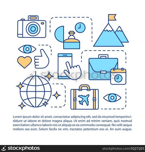 Millennials article page vector template. Generation Y. Share life story in social media. Brochure, magazine, booklet design element with linear icons. Print design. Concept illustrations with text