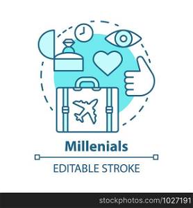 Millennials concept icon. Age group idea thin line illustration. Travelling. Life goals and purposes. Classic lifestyle. Echo boomers. Vector isolated outline drawing. Editable stroke
