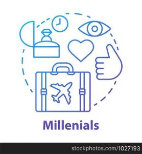 Millennials concept icon. Age group idea thin line illustration. Travelling. Life goals and purposes, plans. Classic lifestyle. Echo boomers. Vector isolated outline drawing