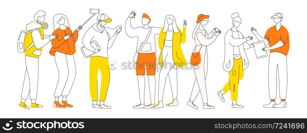 Millennials flat contour vector illustration. Teenager culture. Stylish guys, girls. Teen men, women isolated cartoon outline characters on white background. Adolescent cheerful friends simple drawing