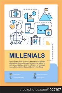 Millennials poster template layout. Age group. Echo boomers. Core values. Banner, booklet, leaflet print design, linear icons. Vector brochure page layouts for magazines, advertising flyers